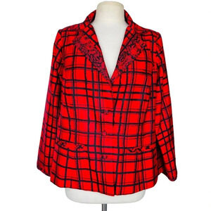 MARISA BARATELLI Blazer Floral Plaid Red Black 100% Thai Silk Single Breasted 18